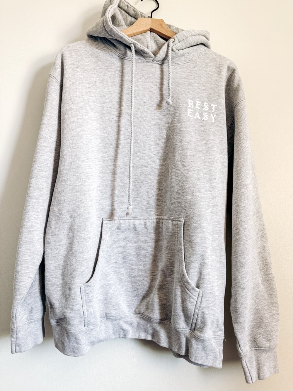 Rest Easy Grey Pullover Minimal Logo Hoodie Size Large